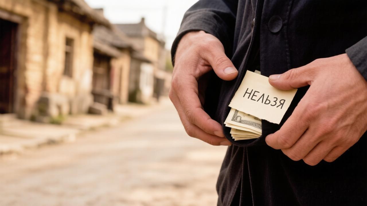 Руки, отодвигающие чёрную одежду и деньги с запиской «Нельзя» — иллюстрация к запретам дня Фотия Поветенног